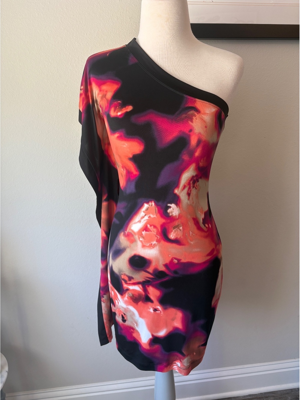 Baby Phat Y2K Floral One Shoulder Asymmetrical Mini Dress Tunic Black Pink
